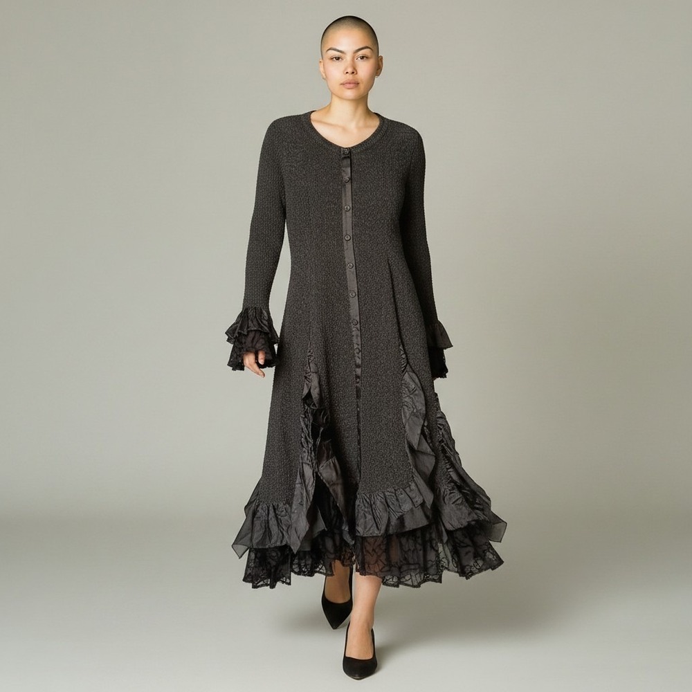 Vintage Gothic Popcorn Crinkle Ruffle Lace Burnt Velvet Maxi Button Dress Black